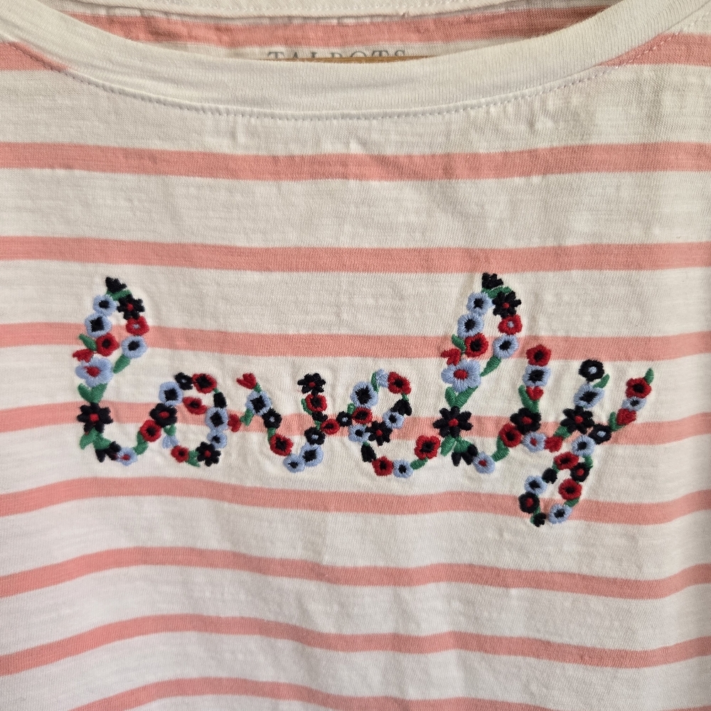 Talbots 'Lovely' Tee Shirt Top Pink Striped Embroidery 3/4 Sleeves Size L Petite - Picture 3 of 9